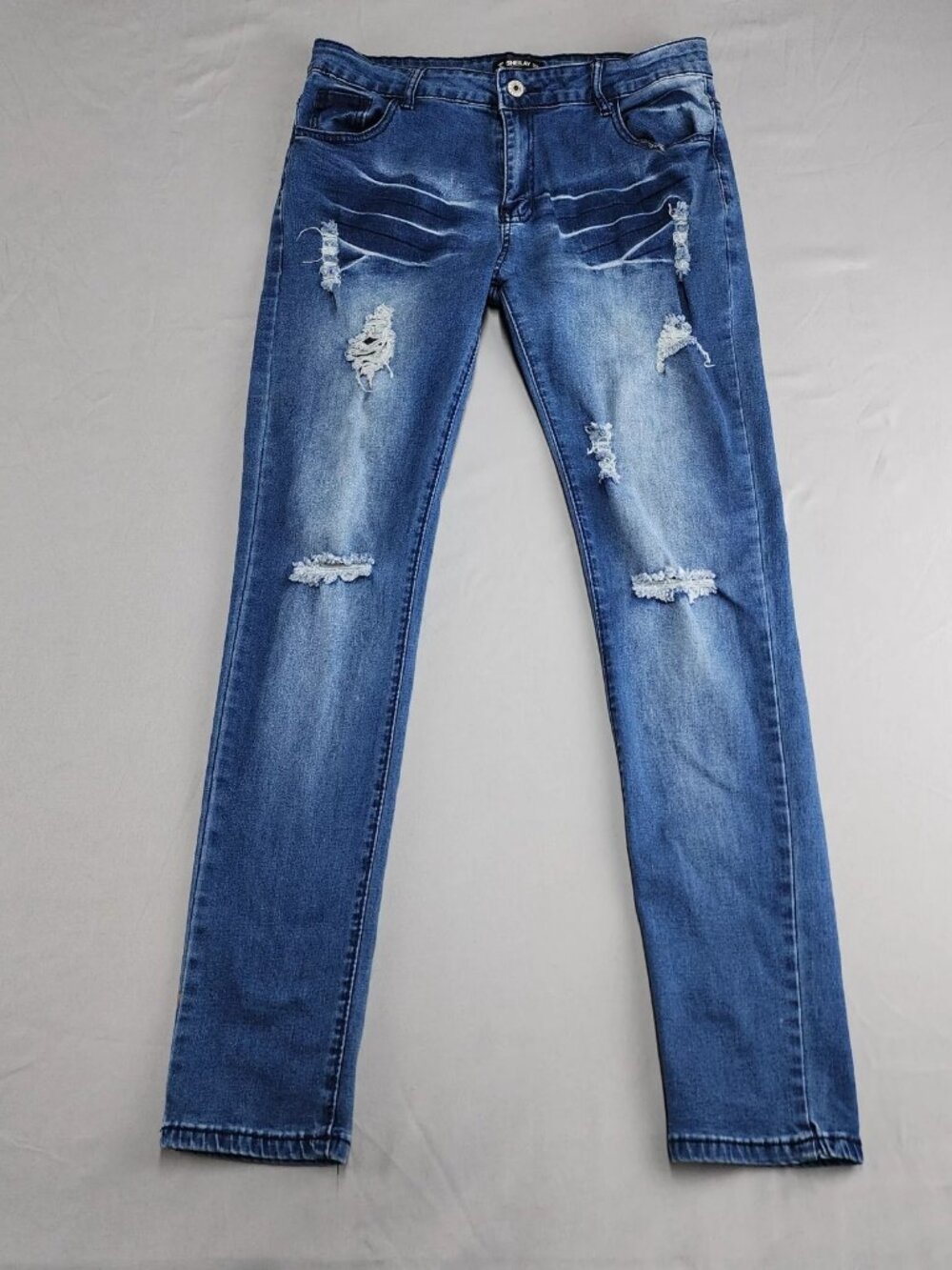 SHEILAY Distressed Skinny Jeans Women's XL 30x30 Mid Rise Ripped Blue